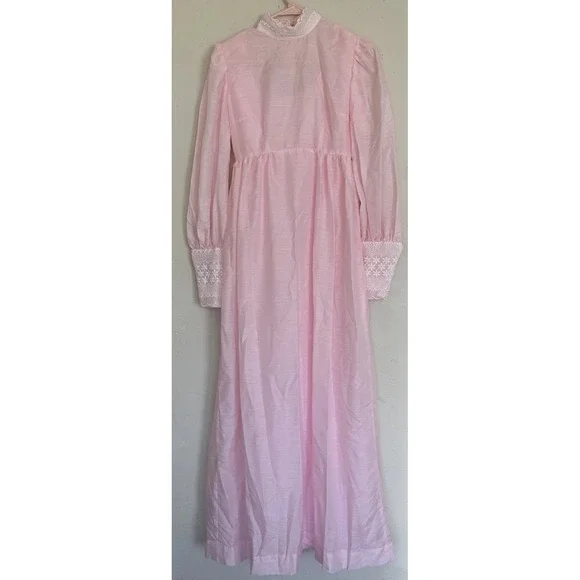 Vintage 70s Handmade Maxi Dress Baby Pink Lace Cottagecore Puff S M High Neck